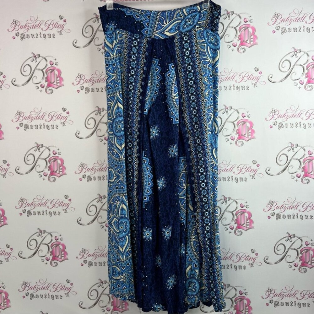 Pants Thailand flowy hippie wide leg smocked tie up paisley Blue Patterned